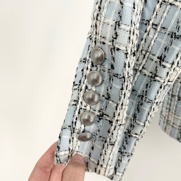 NWT L’Agence Kenzie Double Breasted Plaid Blazer in Light Blue Tweed - Picture 6 of 11